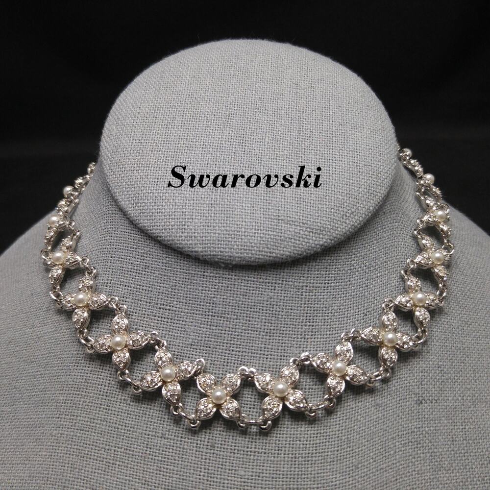 Vintage Swarovski Swan Logo Pearl Rhinestone Floral Choker Necklace 1990s